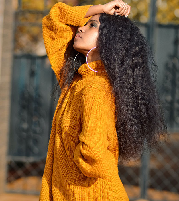 Woman wearing orange wool shirt Woman wearing orange wool shirt